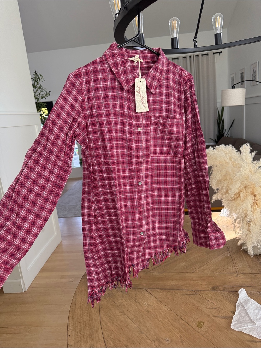 Mystree Red Plaid Button-Down Shirt with Frayed Hem